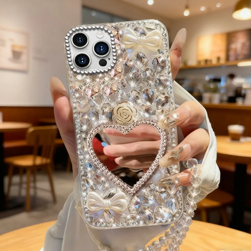 Luxuriöse Diamant-Strass-Liebes-Spiegel-Make-up-Handyhülle für iPhone 18 17 Pro Max 11 12 13 14 15 16 Pro Max mit Kristall-Lanyard – Detail 5