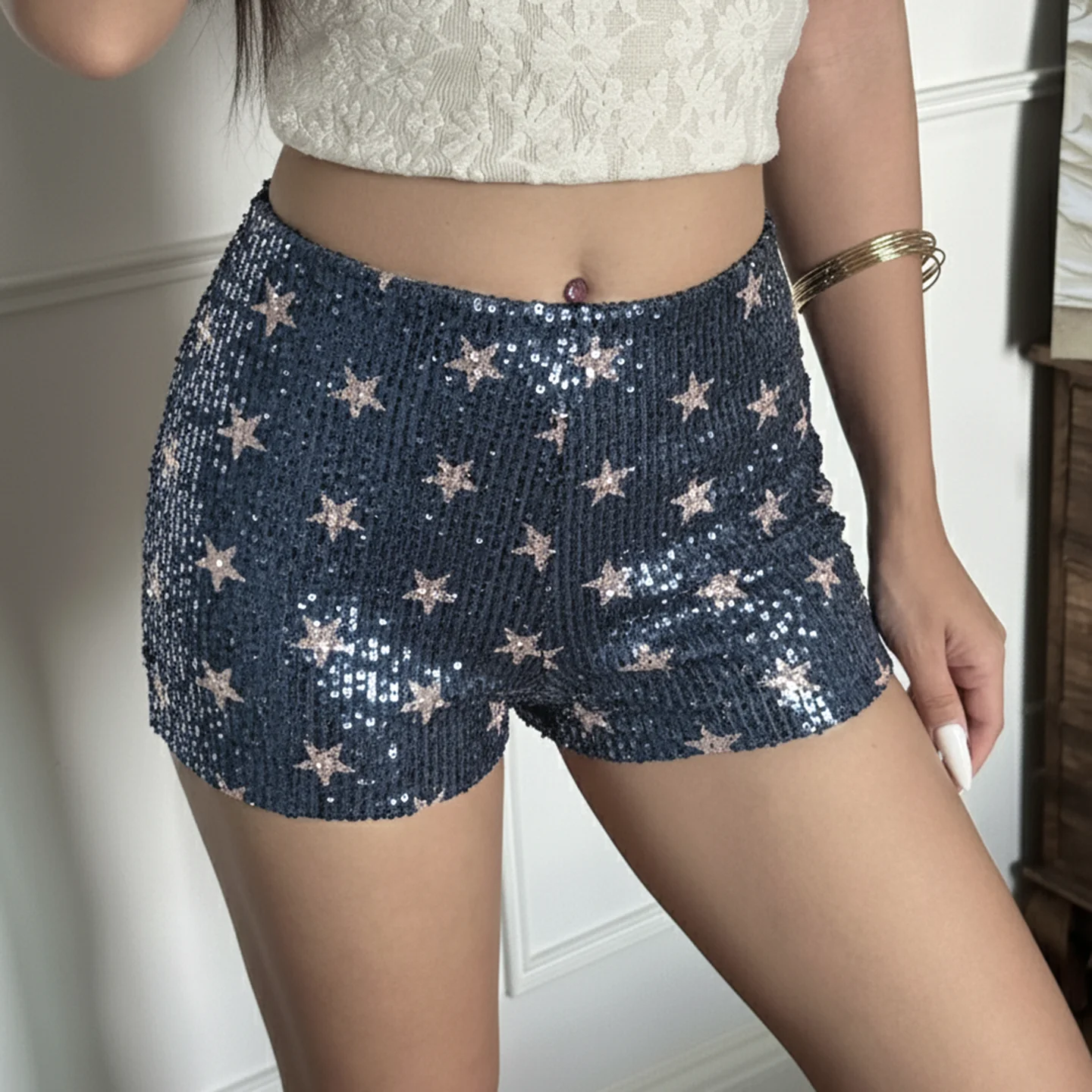 SUCHCUTE Star Print Sequin Mini Shorts For Women Sexy Low Waist Shorts y2k clothing 2000s Outfit Fashion Party Streetwear 2025