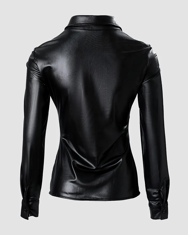 Women Black Pu Leather Blouses 2023 New Spring Autumn Turn-Down Collar Button Shirts Ladies Casual Ruched Long Sleeve Blouse