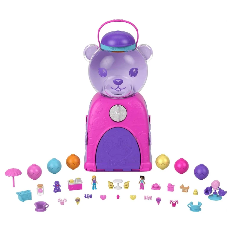 Polly Pocket Travel Toy, Gumball Bear Playset with 2 Micro Dolls & 26 Surprise Accessories Toys Holiday Gifts for Children