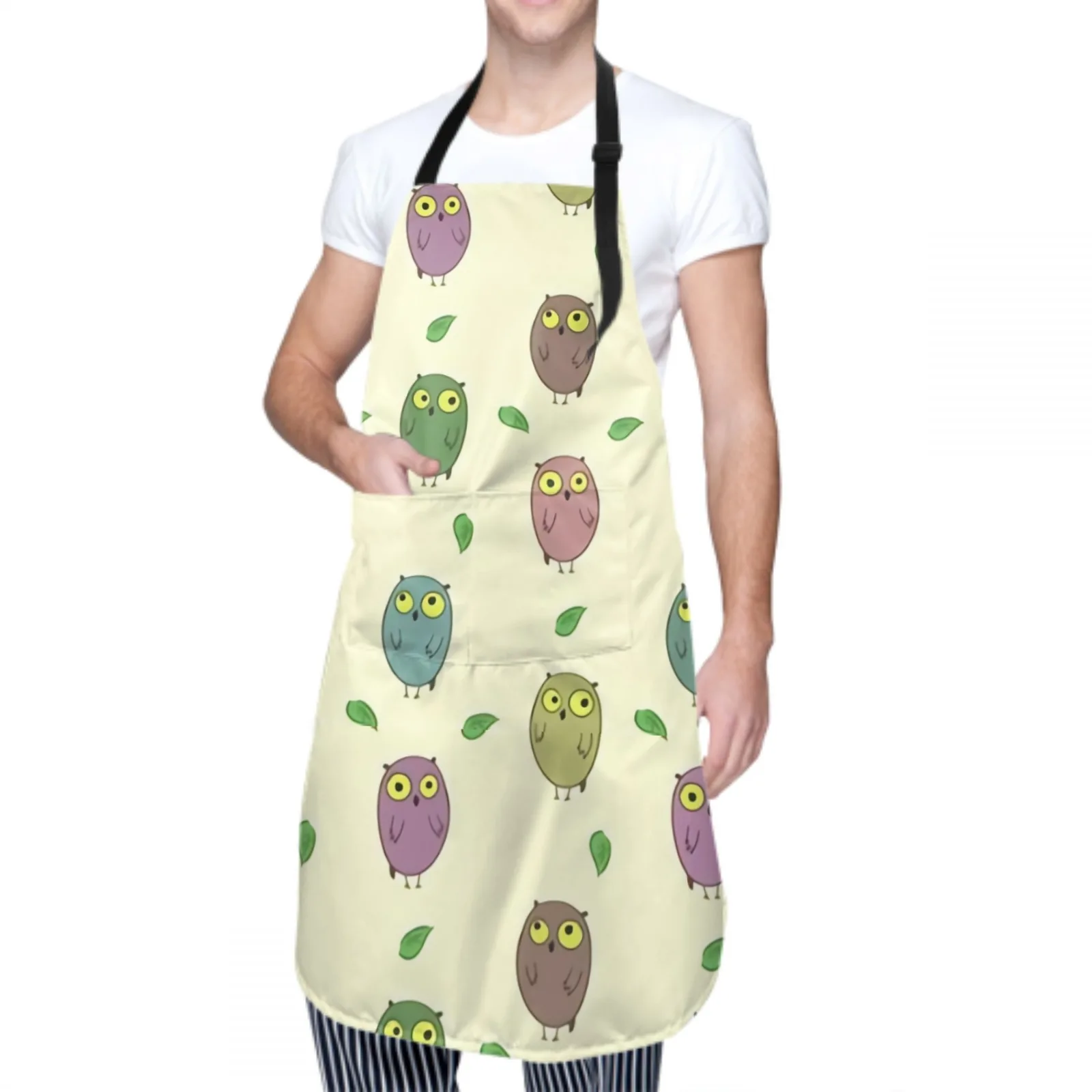 Cute Owl Waterproof Apron with 2 Pockets Kitchen Chef Apron Green Apron for Hair Brushing Cooking Baking Painting Gardening