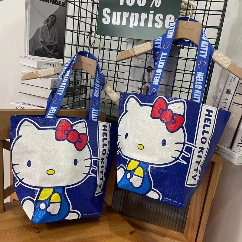 New Sanrio Hello Kitty Handbag Blue Waterproof Woven Bag Kawaii Cute Kt Cat Large Capacity Environmental Protection Shopping Bag