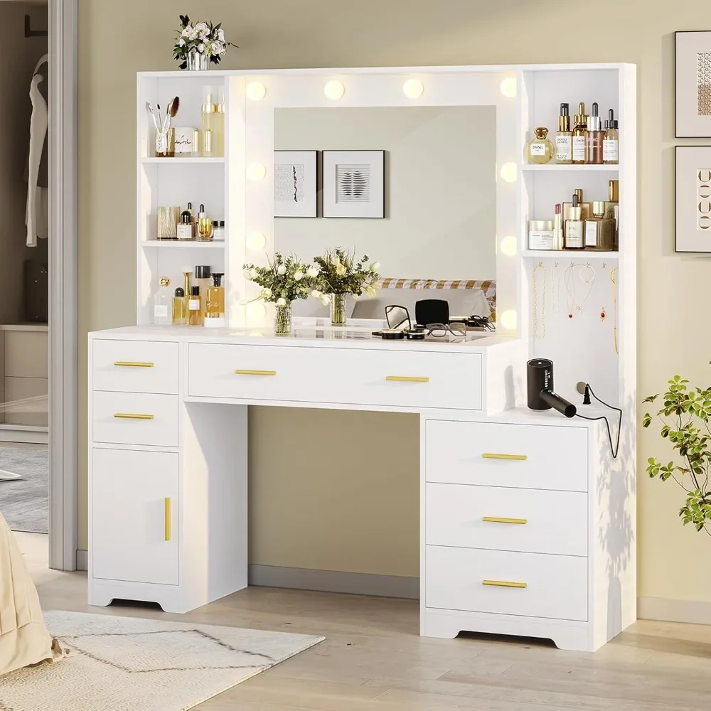 48.8-inch Large Dressing Table, Dressing Table with Power Socket and Storage Space, Dressing Table with Mirror and Light