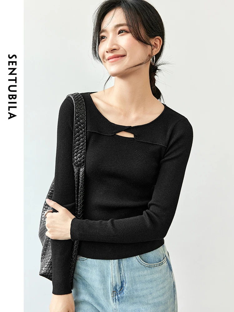 SENTUBILA Women Wool Hollow Out Pullovers   2024 Spring Autumn Slim Fit Knitted O Neck Long Sleeve  Tops W43H56121