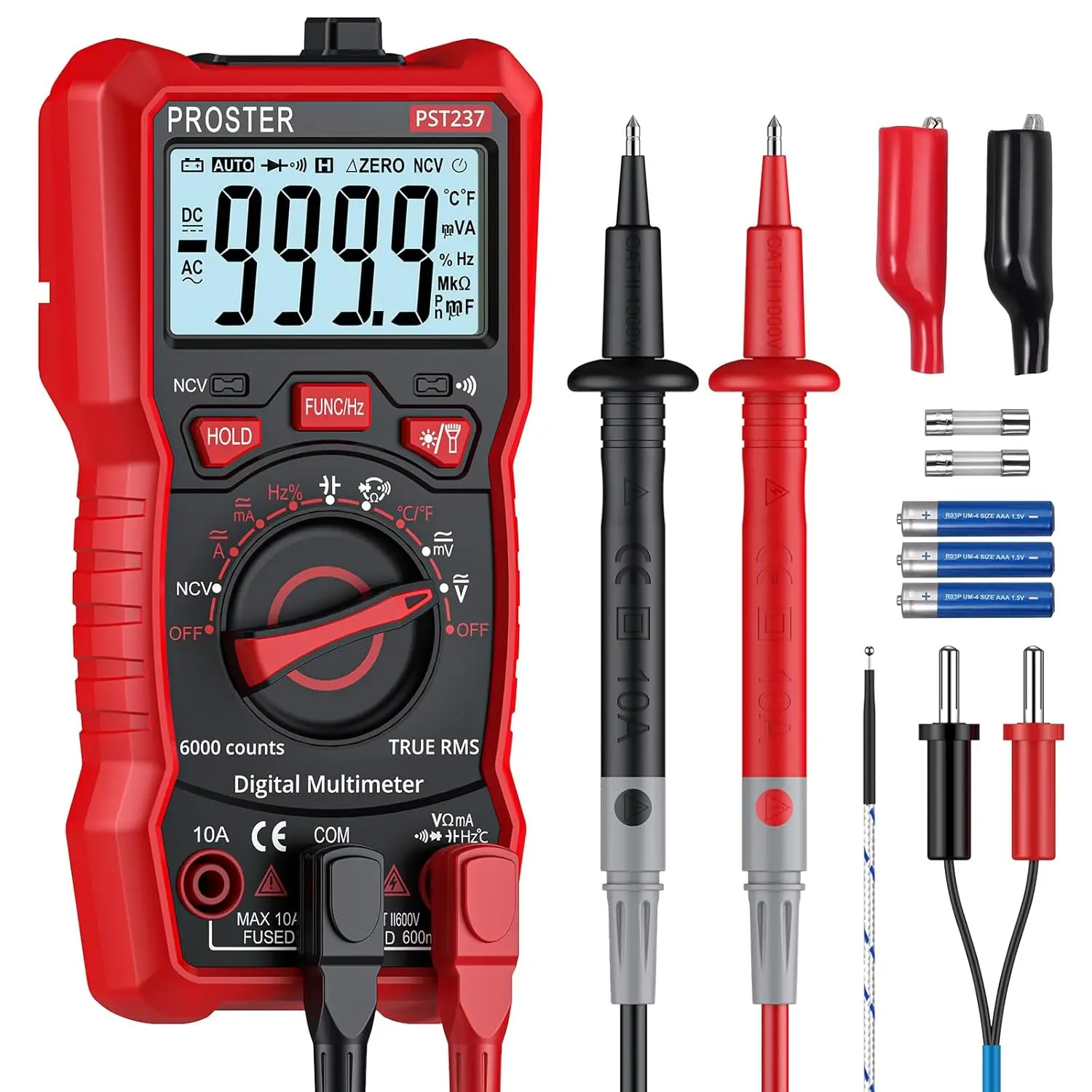 Multimètre numérique à plage automatique, détecteur NCV, sonde de test, tension CC et CA, température actuelle, 6000 points, TRMS