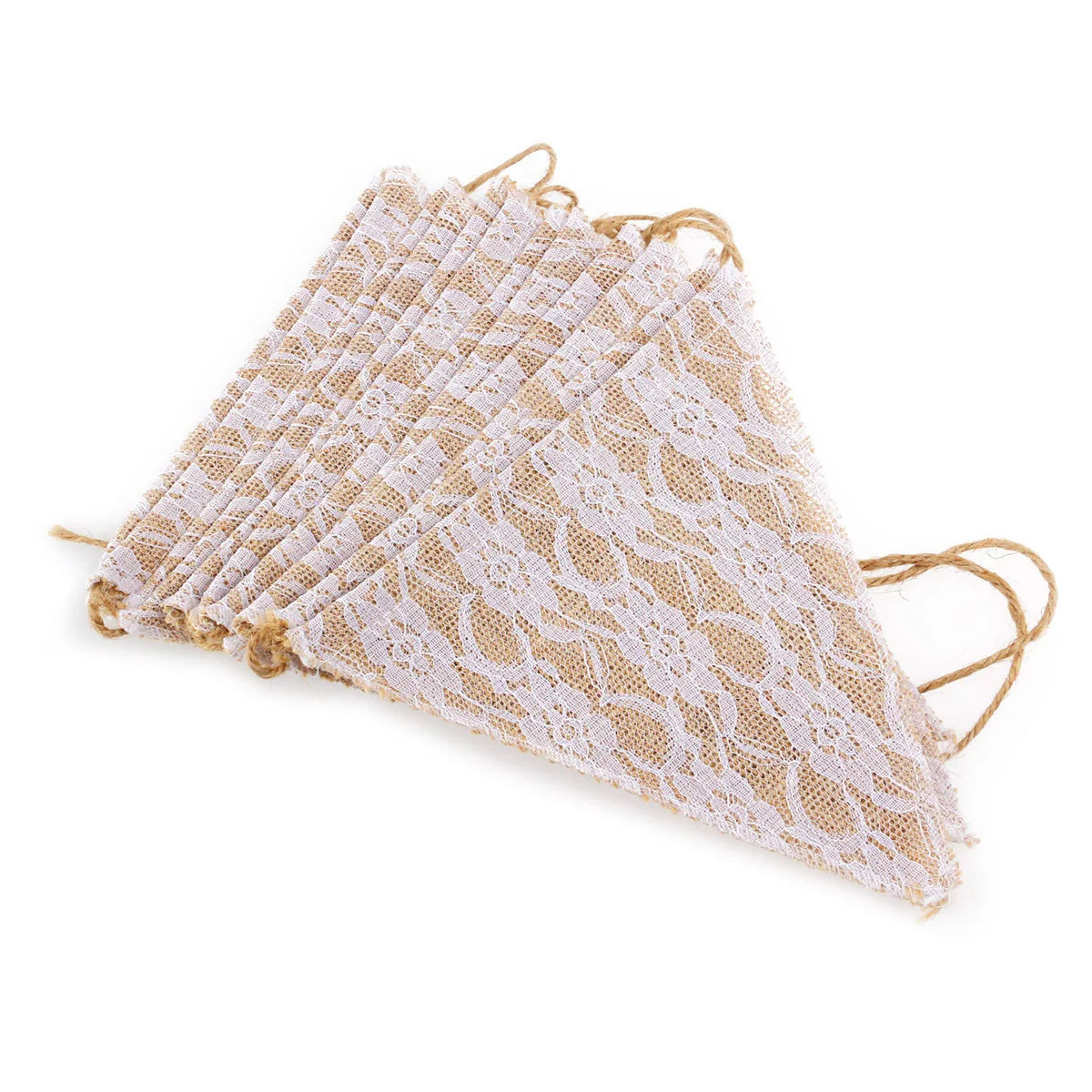 

12pcs Wedding Banner Burlap Lace Flags 18.5x20cm White Brown Floral Triangle Pennant Bunting Bridal Anniversary Decoration Party