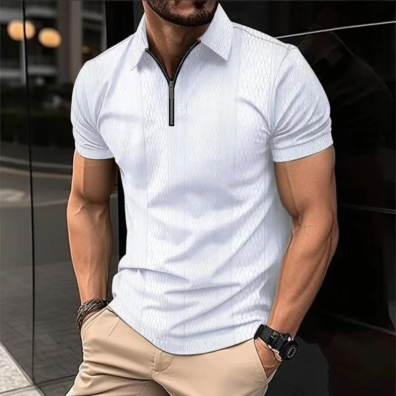 Men's Zipper Fashion Printed Striped Short-sleeved POLO Shirts Summer casual everyday outdoor beach solid Color Cool Lapel Tops