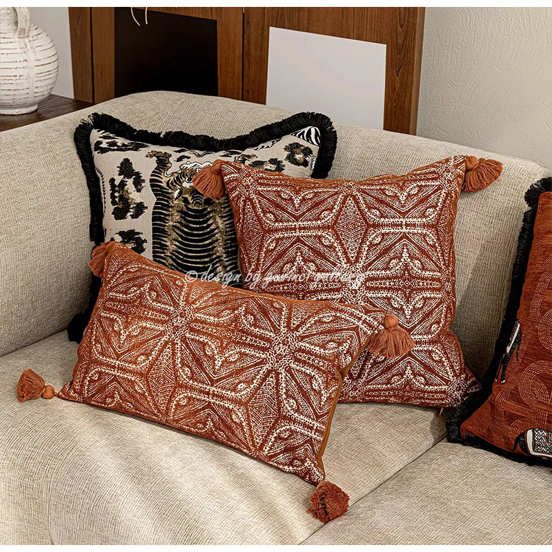 GUVINCI Modern Aztec Inspired Geometric Embroidery Lumbar Pillow Cover Luxury Handmade Retro Burnt Orange Cushion Case 30x50cm