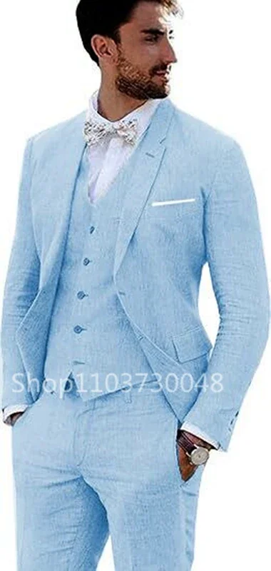 3 Piece High Quality Beige/Blue Linen Men Suits Casual Single Breasted Slim Fit Blazer Vest Pants Notch Lapel Costume Homme Sets