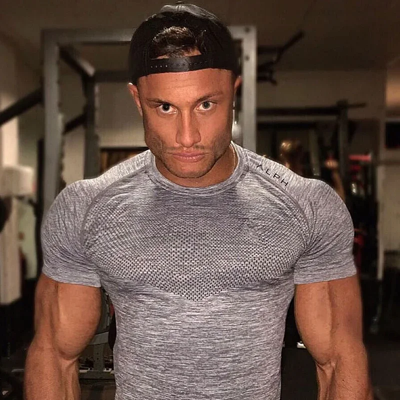 Men\'s Summer Gym Sports Running Short Sleeve T-shirt Fitness Tee Male Bodybuilding Muscle Casual Tops Quick Dry Workout Clothing