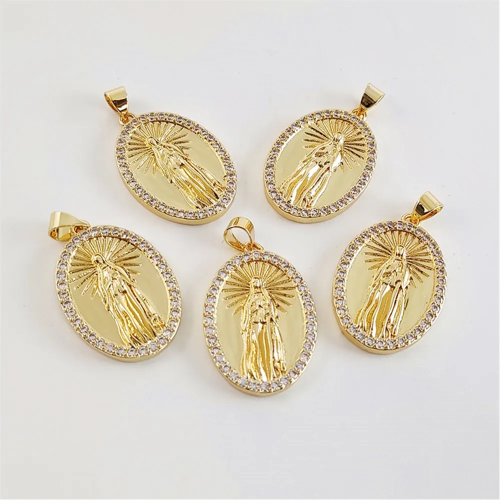 

FUWO Wholesale 18*20mm 18K Gold Plated Oval Virgin Mary Pendant, High Quality Zircon Charm for DIY Jewelry Making 10Pcs B019