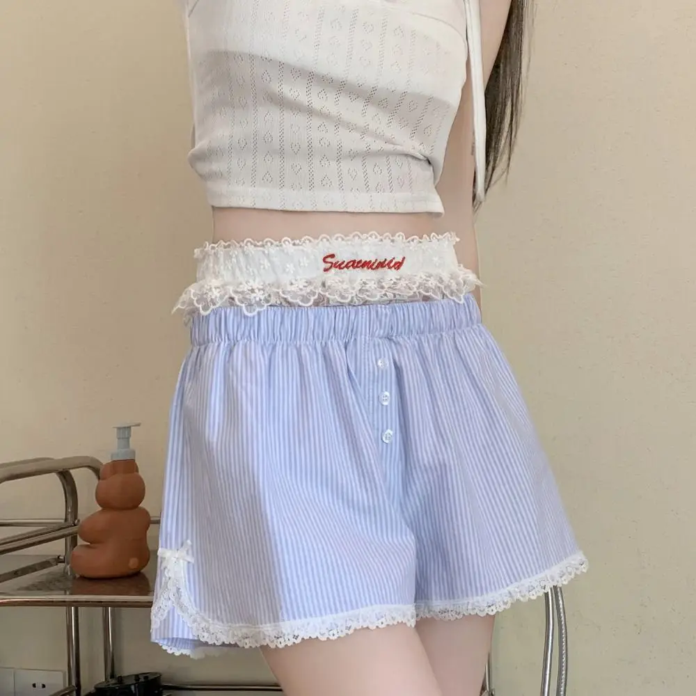 Button Striped Shorts Sexy Cute Blue Pink Summer Embroidered Lace Shorts Lolita Lace Leggings