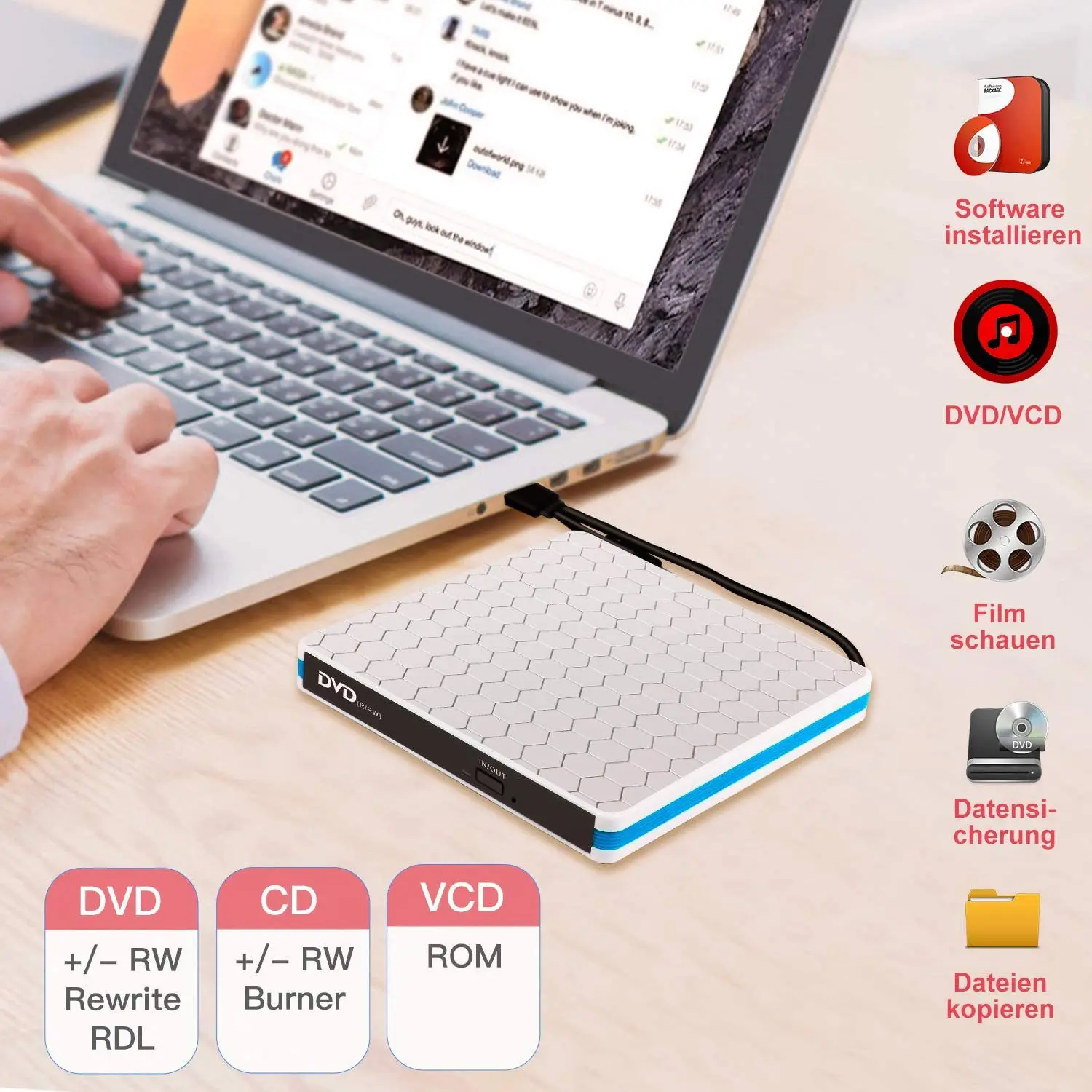 External DVD Drive USB 3.0 Portable +/-RW Player for CD ROM Writer Burner Compatible with Laptop Desktop PC Windows