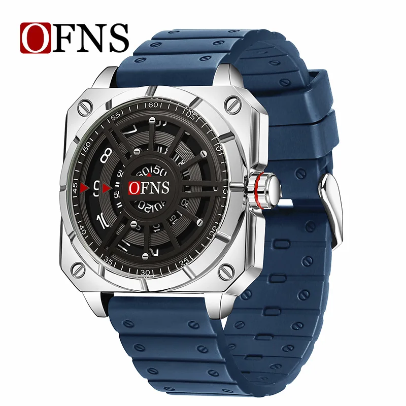 OFNS 8026 Reloj de cuarzo para hombre con esfera grande, creativo, único y fresco, reloj de pulsera con correa de silicona resistente al agua para negocios