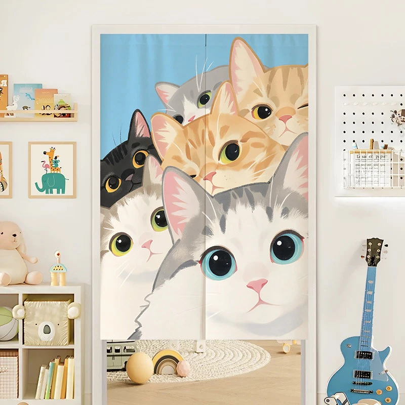 VIKAMA Cute Cat Group Linen Door Curtain, 6 Assorted Designs, Japanese Noren Doorway Tapestry Kitchen Bedroom