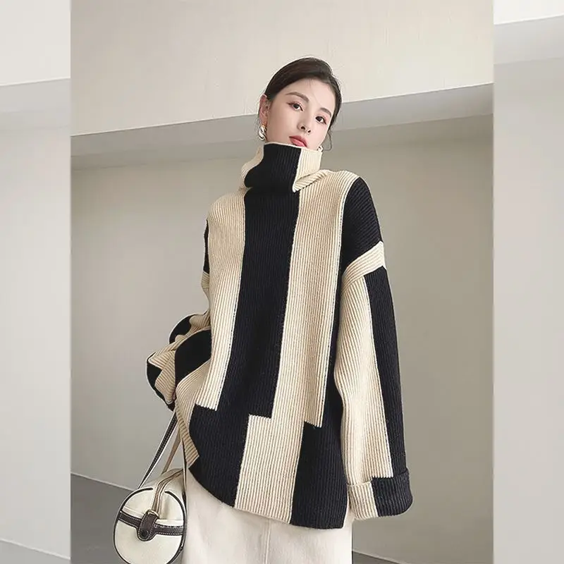 

Lazy Wind Turtleneck Pullover Black and White Striped Sweater Women's Autumn Winter Wear Gentle Soft Waxy Coat Knitted top Thick