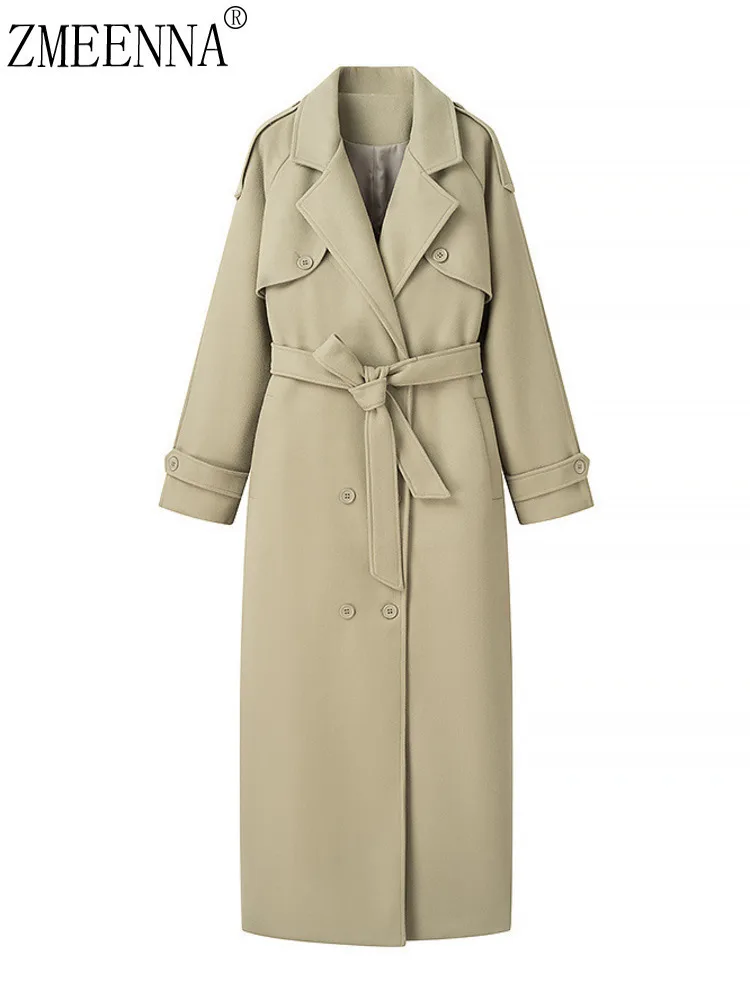 

ZMEENNA Womens Classic Long Trench Coat With Tie Belt Double Breasted Notch Lapel Warm Outerwear Loose Fit Khaki ZM4386
