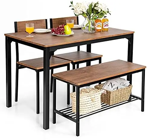 Set tavolo da pranzo 4 pezzi per 4, tavolo da cucina moderno con struttura in metallo e contenitore, marrone