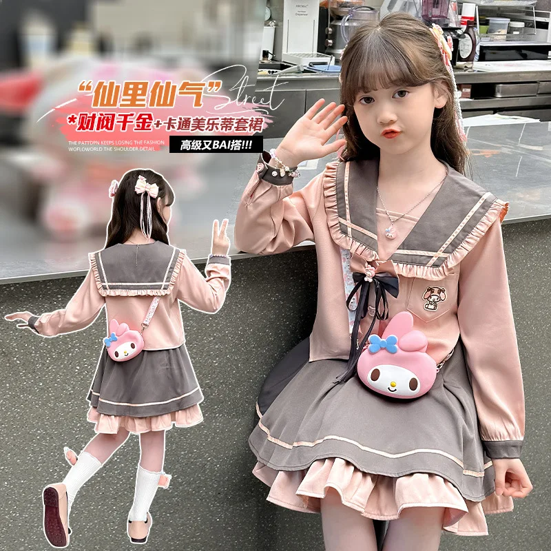 Kawaii 2Pcs Kuromi Girls' Shirt Pleated Skirt Jk Uniform Sanrio Y2K Kid Fashion Doll Collar Tops Spring Autumn College Style Set