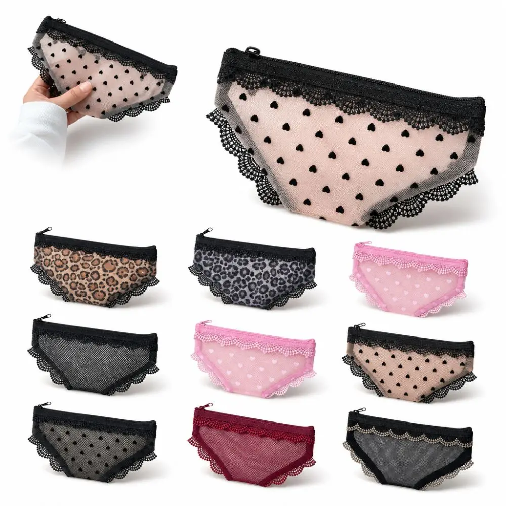 Creativity Briefs Shape Cosmetic Bag Lace Heart Mesh Makeup Storage Pouch Y2K Transparent Toiletry Bag Storage for Travel