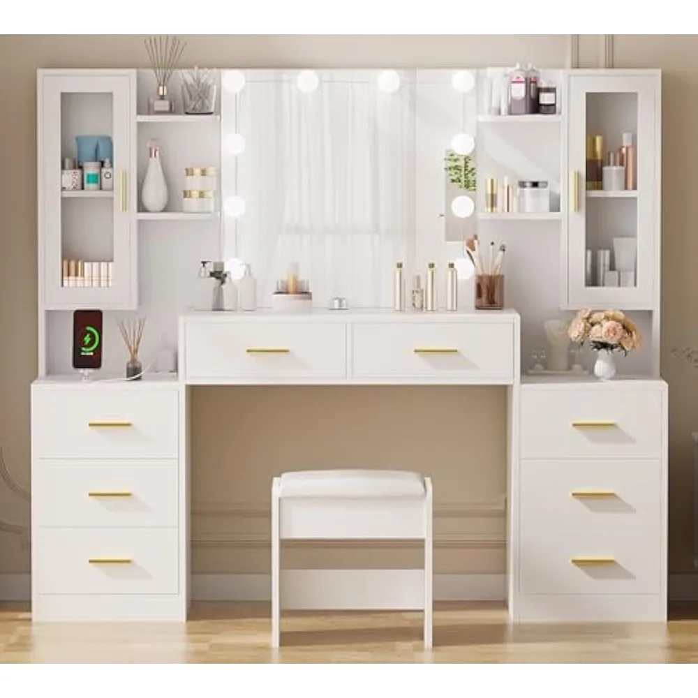 

Large Vanity Desk Table with Mirror & Lights White Makeup Vanity with Power Outlet and 8 Drawers 2 Cabinets 3 Lighting Modes