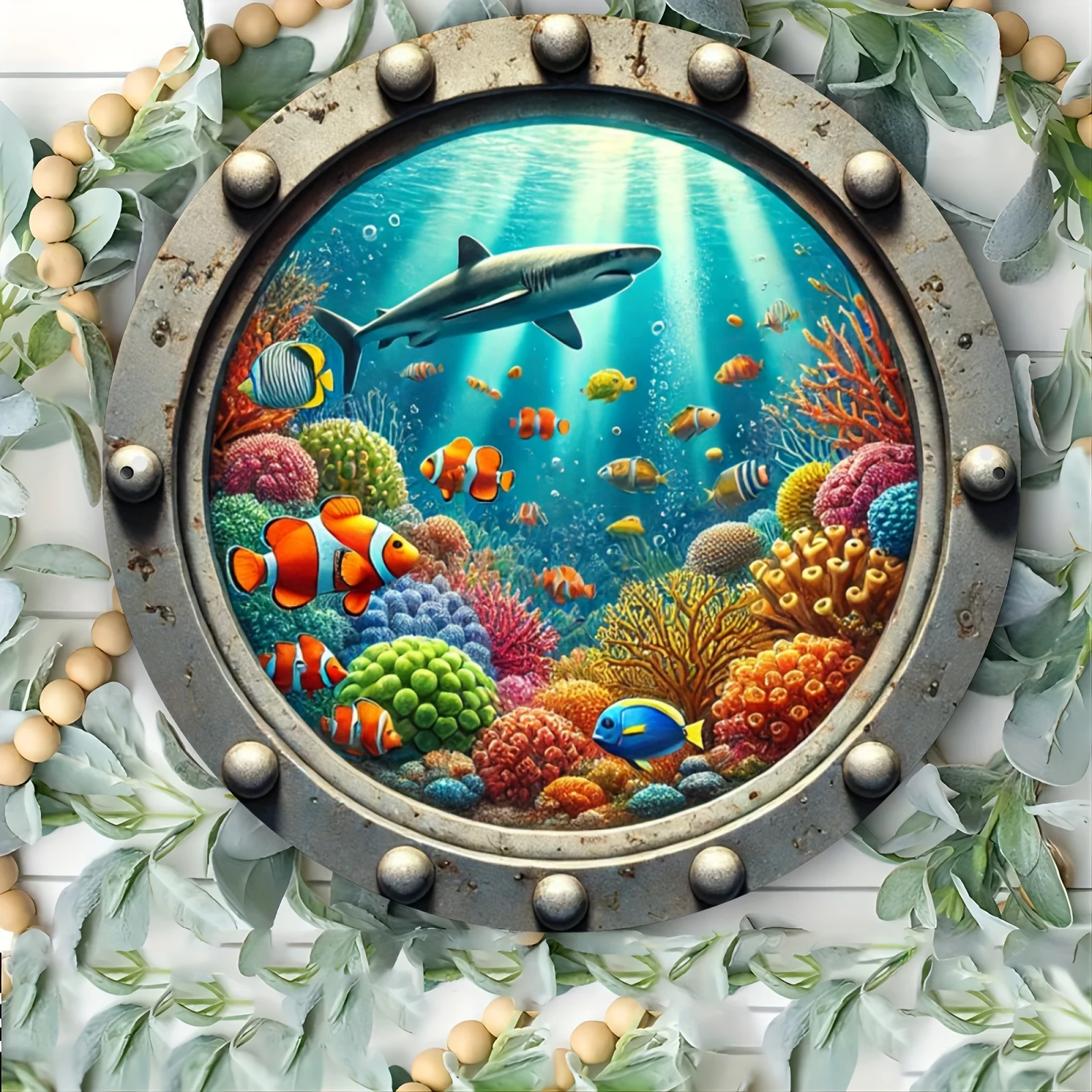 2D Flat, 1pc Underwater Wonderland Metal Tin Sign Wall Art - 20.32x20.32 cm Round Vibrant Coral Reef & Marine Life Decor, Durabl