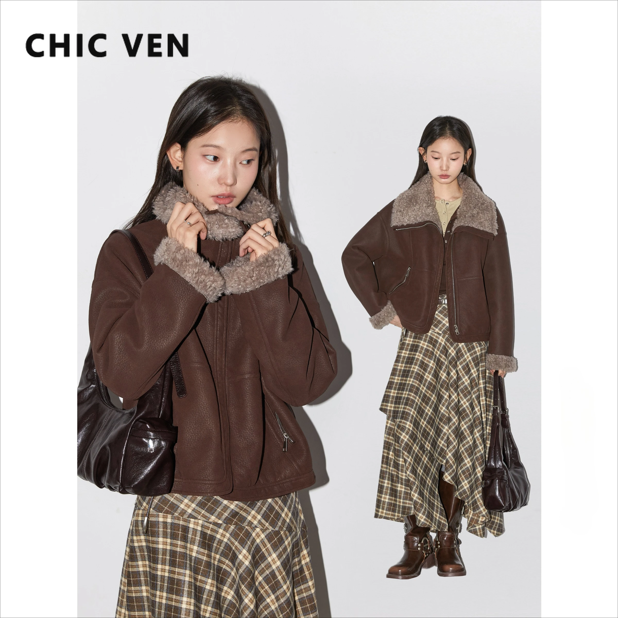 شيك فين موضة النساء فو سترات من الجلد موضة ريترو التباين بدوره إلى أسفل طوق معاطف قصيرة ملابس للسيدات خريف شتاء 2025 #1