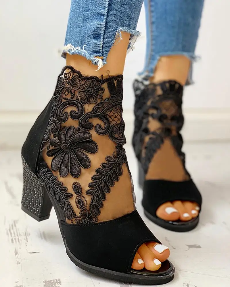 2022 New Fashion Women\'s Summer Sandals Casual Elegant Middle Heel Women\'s Shoes High Heels Mesh Lace High Heels Large Size 42