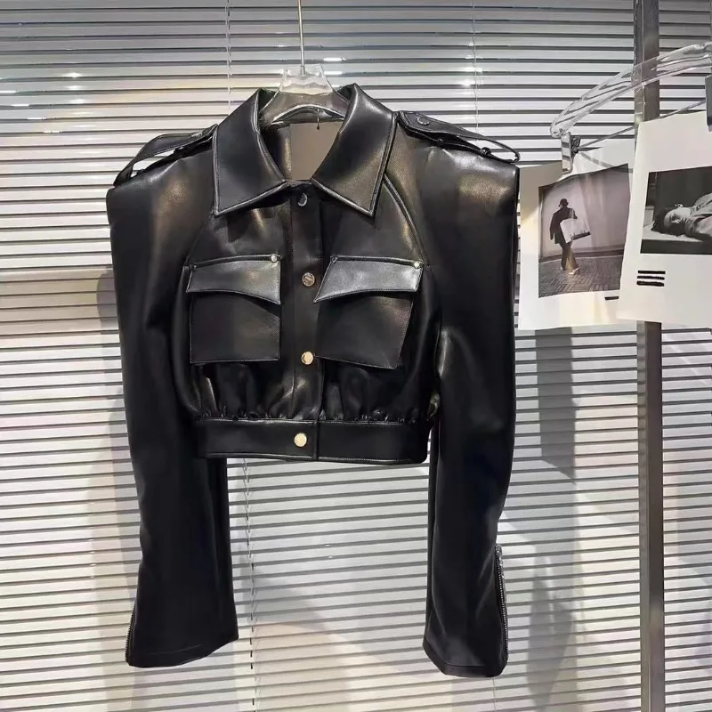 Streetwear Pocket PU Leather Black Coats Women Long Sleeve Single Breasted Lapel Spliced Jacket 2025 Spring New Casual Fashion