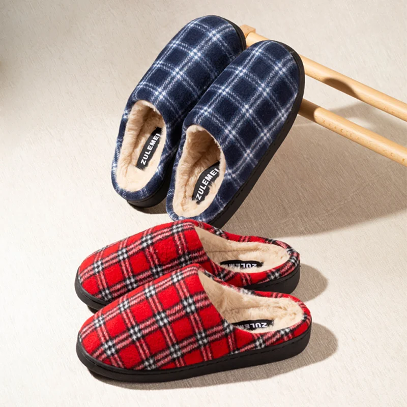 New Men's Striped Warm House Fleece Cozy Non-slip Plaid Cotton Mops Couples Slippers Winter Soft Indoor Bedroom Couples Shoes