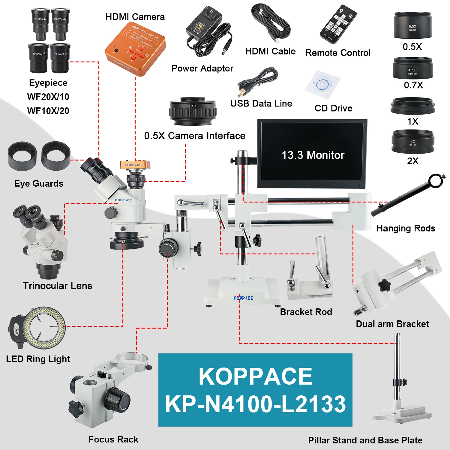 KOPPACE 3.5X-180X Triocular Stereo Electron Microscope Dual-Arm Bracket Continuous Zoom Lens 13.3 