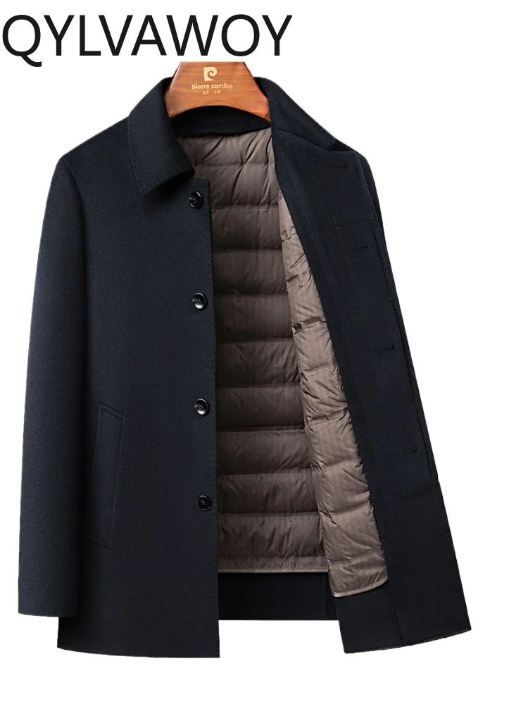 

QYLVAWOY, двустороннее шерстяное пальто из 70% шерсти, мужская шерстяная верхняя одежда средней длины, зимняя подкладка на гусиный пух, наряд для папы LJ2606