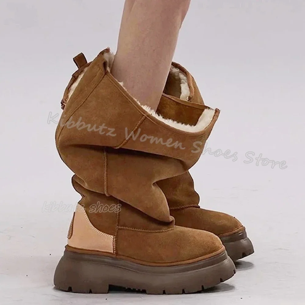 

Furry Knee High Snow Boot Warm Winter Fashion Novelty Concise Elegant Slip-On Women Shoes New Round Toe Thick Bottom Solid Color