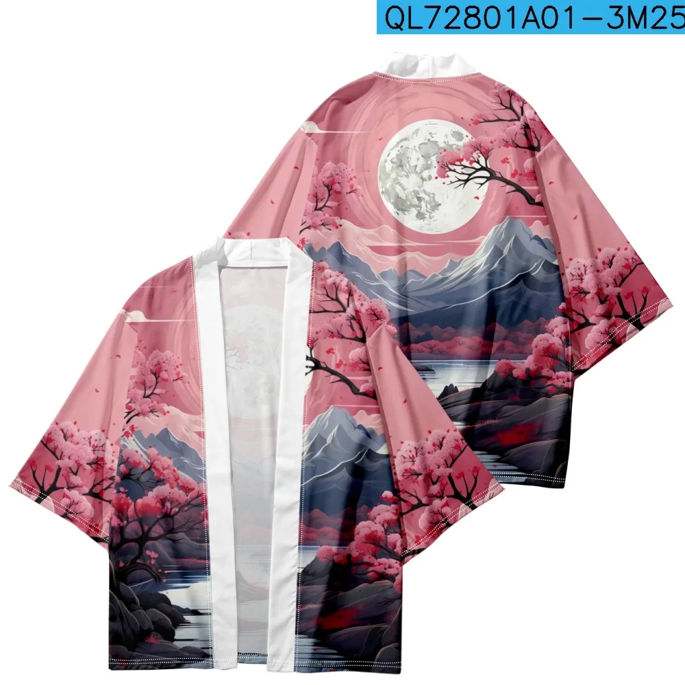 Pink Print Vintage Style Cardigan Haori Shirts Women Men Cosplay Yukata Clothing Harajuku Kimono Plus Size 6XL 5XL 4XL