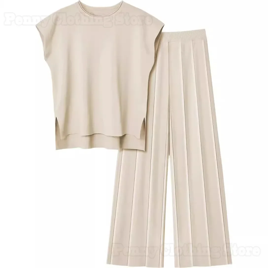 2024 European And American Style Knitted Casual Suit Sleeveless Vest Sweater + Wide Leg Pants Two-Piece Set