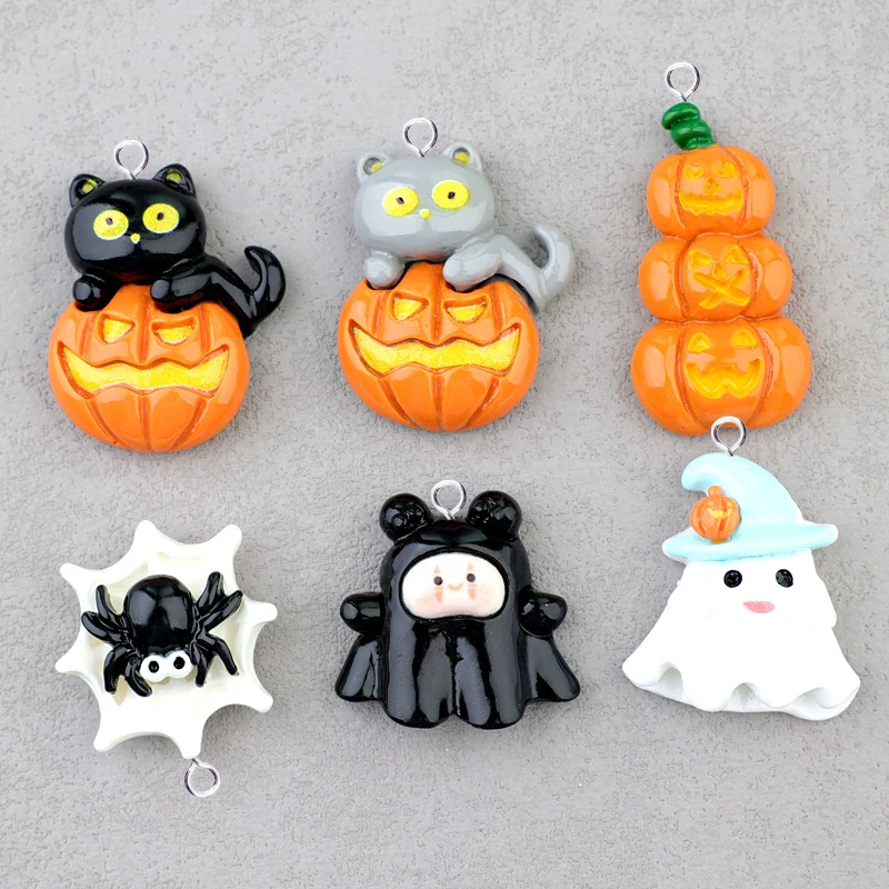 10pcs Halloween Charms for Jewelry Making Kawaii Animals Cat Pumpkin Spider Ghost Resin Pendants Flatback DIY Keychain C292