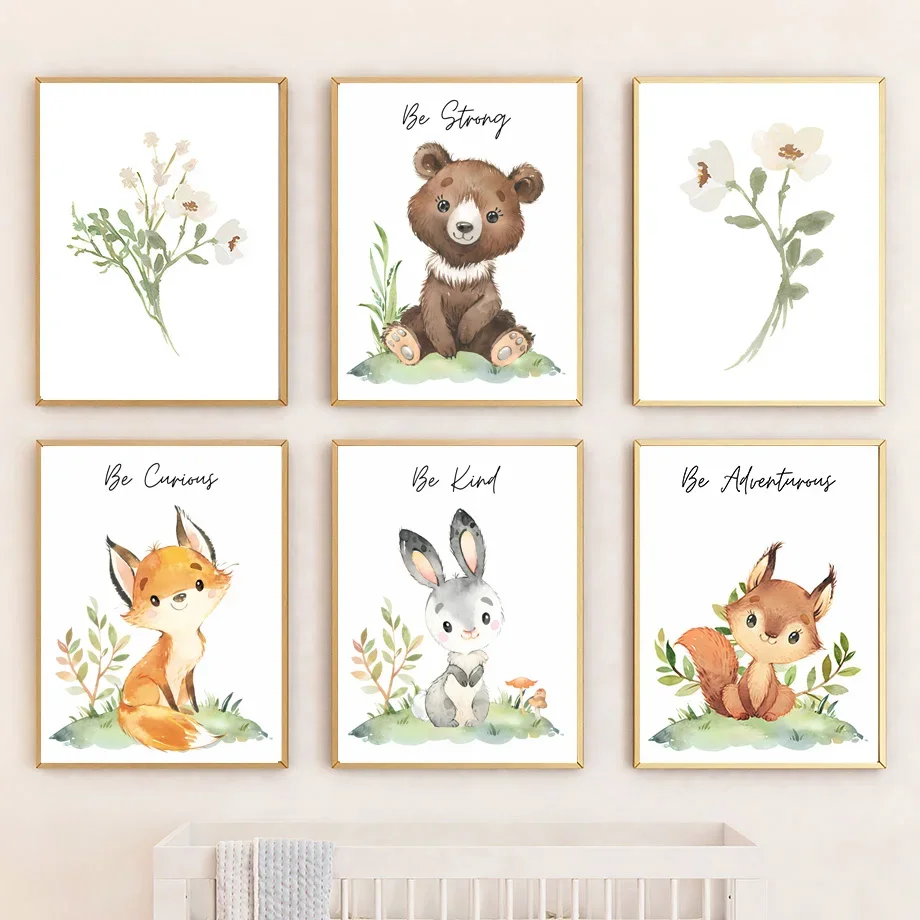 

Cartoon Fox Deer Bear Owl Rabbit Squirrel Flower Animal Posters Nursery Wall Art Prints Canvas Painting Pictures Kids Room Decor