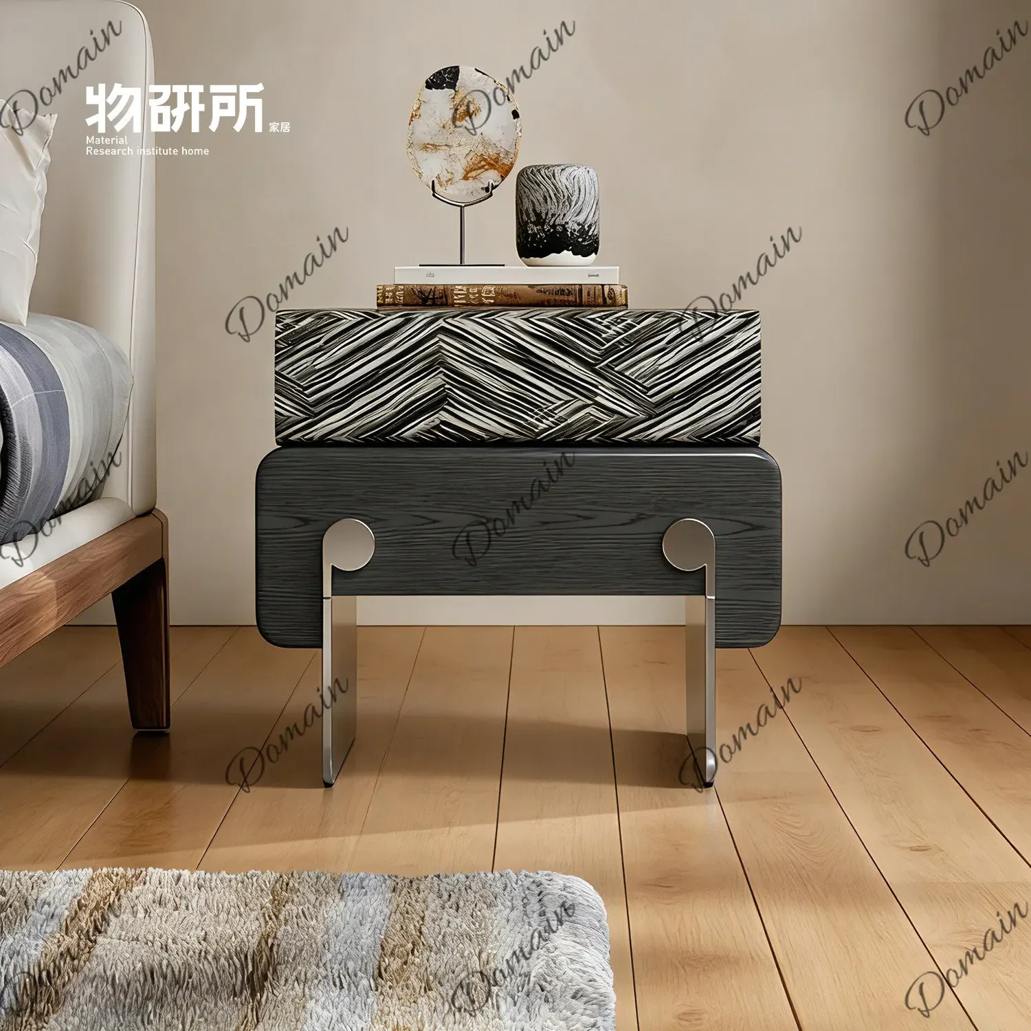 Ui Italian Minimalist New Small Bedroom Bedside Table Designer Bedroom Ash Wood Leather Rotating Black Cabinet Bedside Table