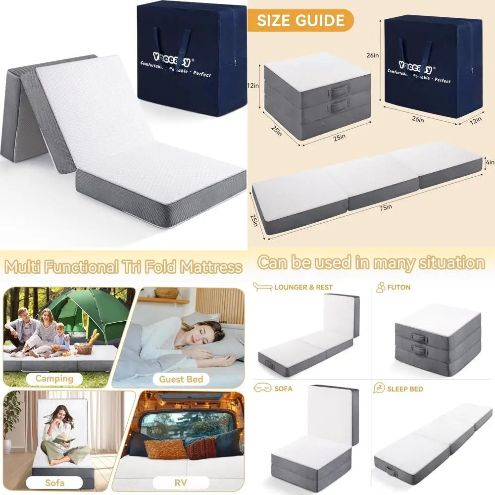 

Portable Folding Mattress with Washable Cover, Travel-Friendly Trifold Floor Mattress with Carry Bag, Medium Firmness, Soft Touc