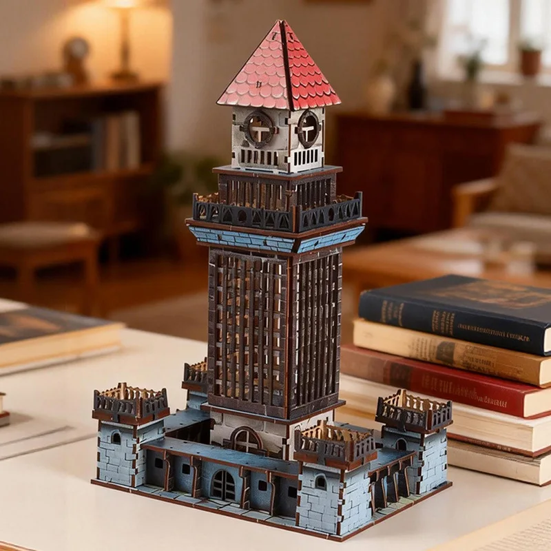 Wooden Castle Tower 3D Puzzle, DIY Assembly Gothic Fortress Model Kit,Colorful Spray Craft,for Adults & Teens,Desktop Decor&Gift