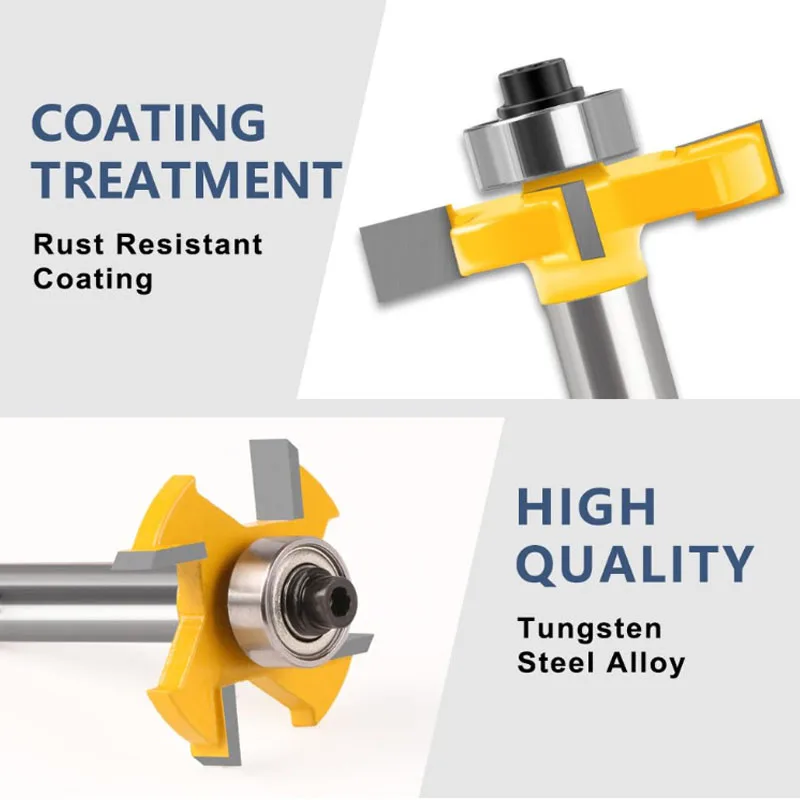 1pc/4pcs 8mm Shank 4-Flute T-Slot Router Bit with Bearing, Yellow, Tungsten Carbide Grooving Milling Cutter for Woodworking