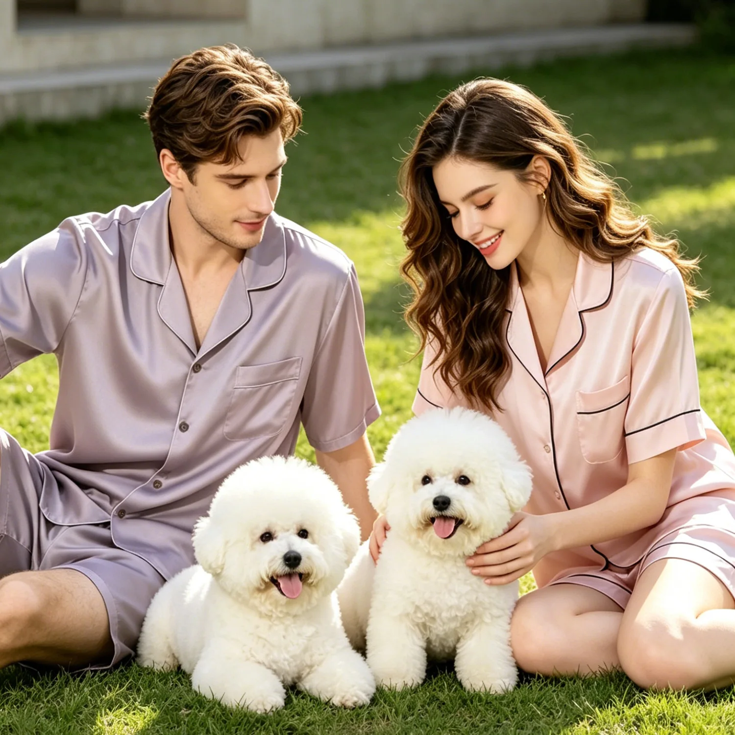 

Luxury Thin Silk Sleepwear Set Men Women Couple Solid Short Sleeve Shorts Pajamas Breathable Summer Lounge Suit