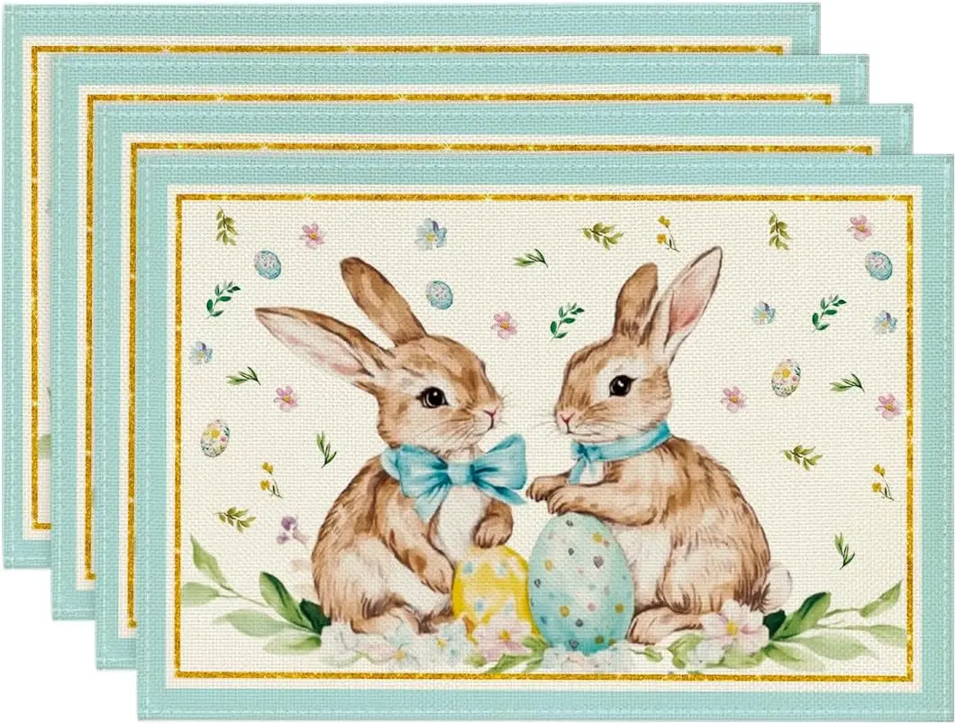 Bunny Rabbit Egg Floral Easter Placemats Set of 4, 12x18 Inch Spring Table Mats for Outdoor Home Party Kitchen Dining Decor