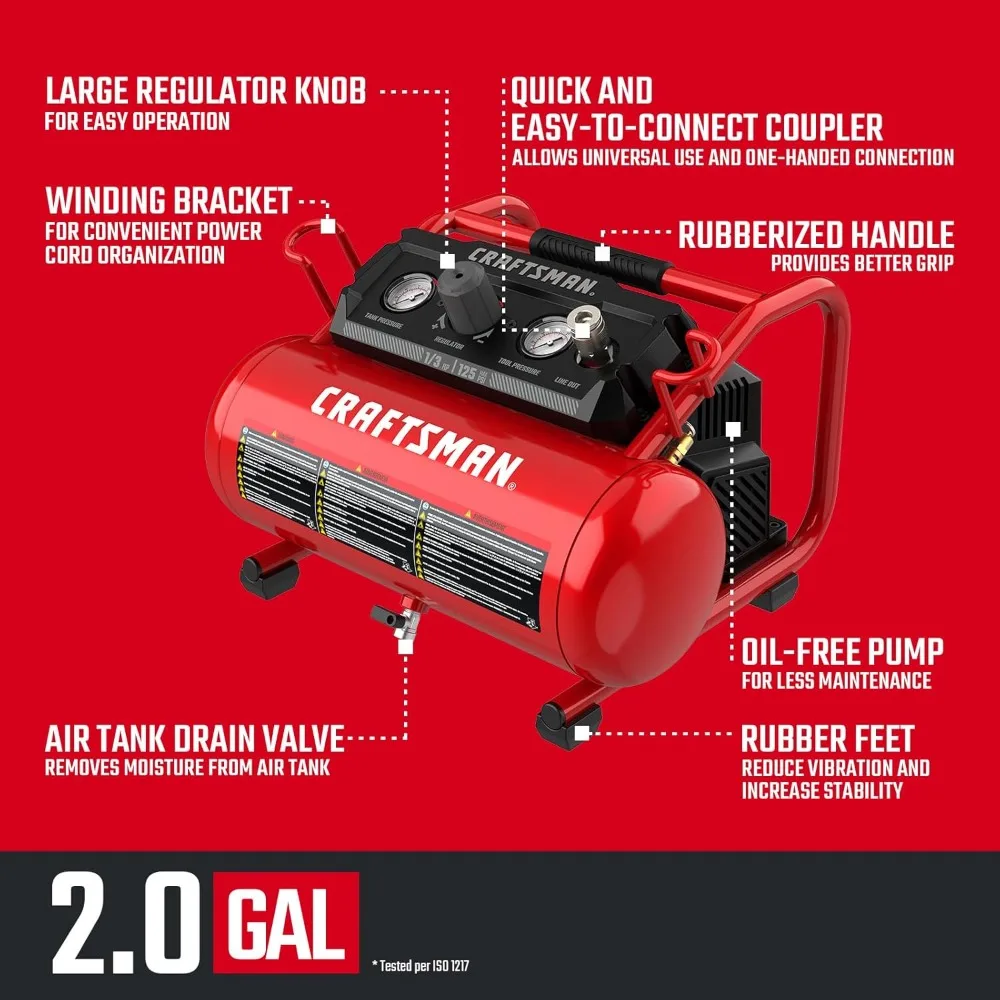 Air Compressor 2 Gallon Portable Hot Dog Compressor 1/3HP Max 125 PSI Oil-Free Maintenance Free Light Weight Air Tools