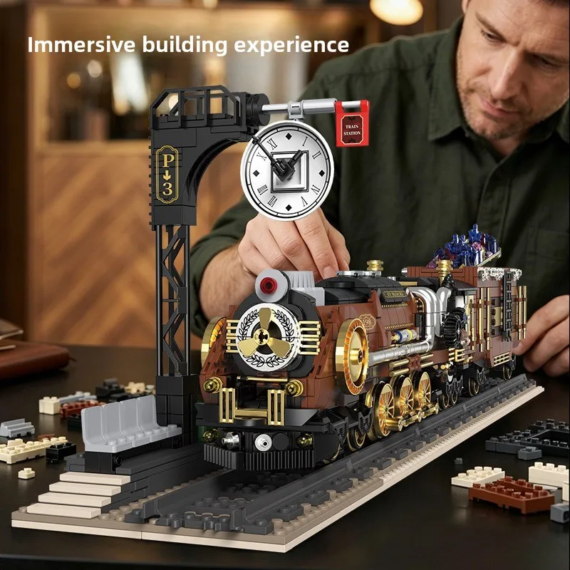Vintage Steam Punk Machinery Ore Train Building Block Model with Motor Spray Train Model Building Block Assembly Toy