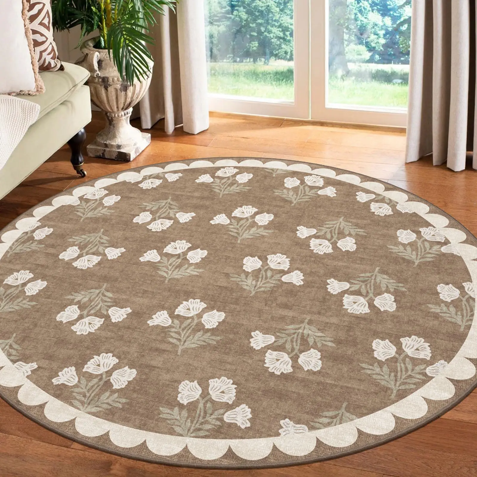 Round Floral Relief Rug European Vintage Carved Wall Panel Print Home  for Elegant Classic Bedroom  Decorative Beautification