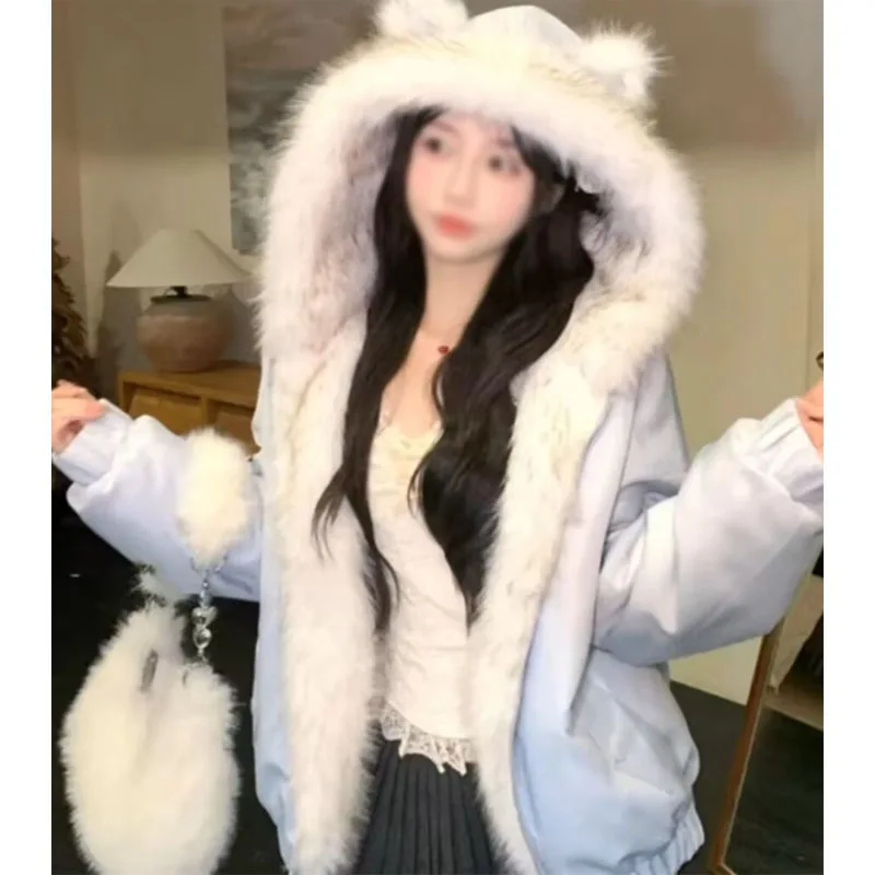 حجم كبير لطيف القط الأذن فروي مقنعين سترة قطن المرأة الخريف الشتاء سميكة الحلو البنطال القصير النسيج العادي Fi...