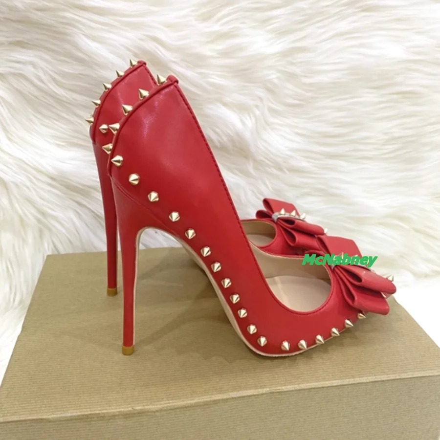 

Studded Bow High Heel Shoes,Red Leather Pumps Pointed Toe Stiletto Women Shoes Wedding Party Heels 2023 New Zapatos Para Mujere