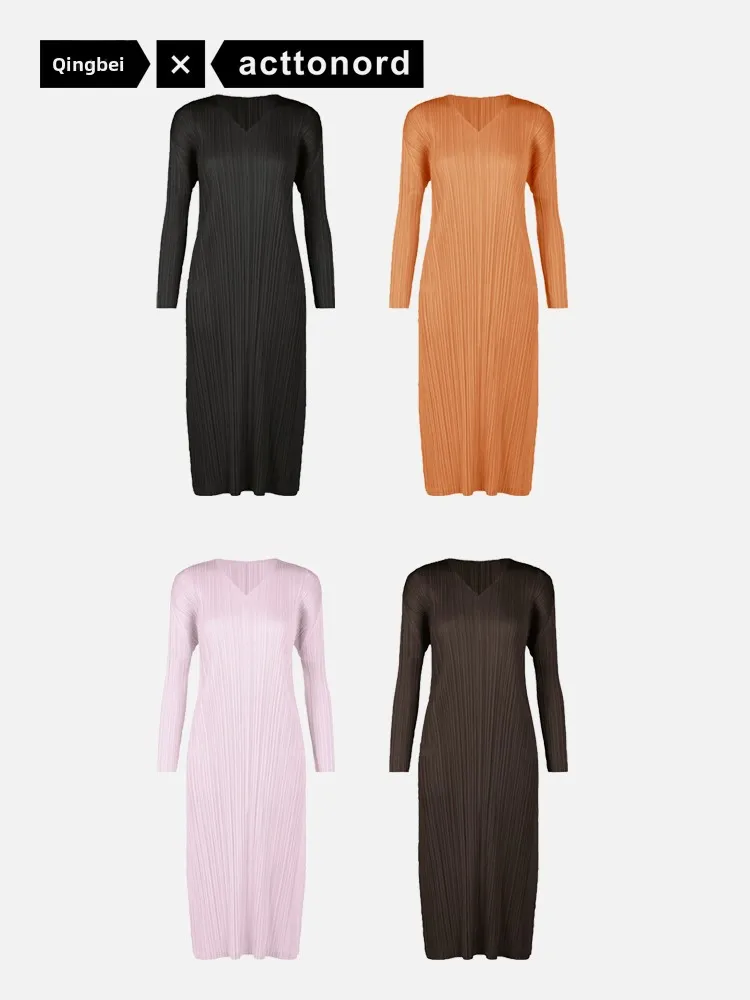 

Simple Folded Dress Basic Style Inner And Outer Wear Slimming Midi Length JH167 Polyester Fiber Long Sleeve V Neck City Commute