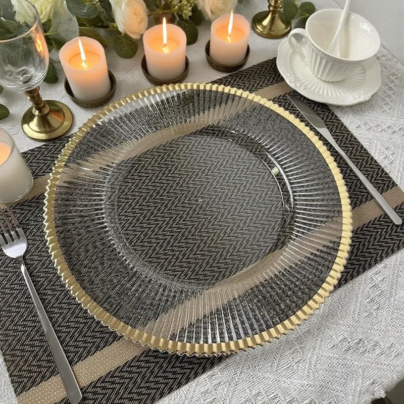 

100pcs Clear Plastic Charger Trays with Gold Rimmed Stripe, Acrylic Decorative Serving Trays